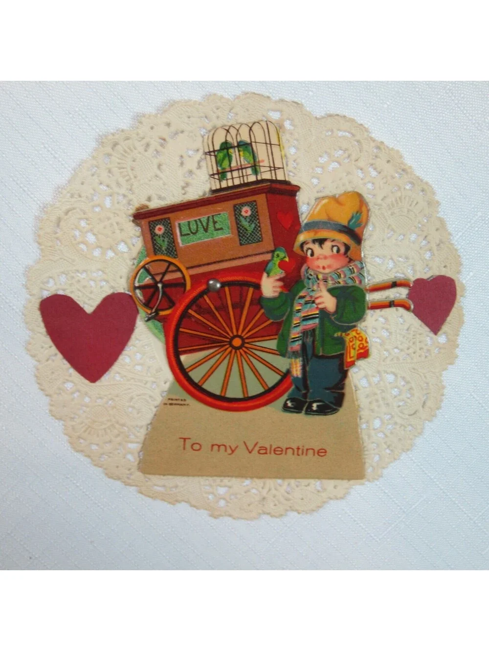 Vintage 1931 Valentine Card Mechanical Boy w/ Birds Wagon Own True Love Germany